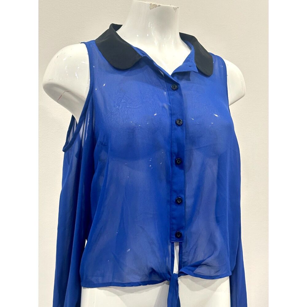 Blu Pepper Sheer Blue Cold Shoulder Tie Front Blouse Black Collar Women's Large